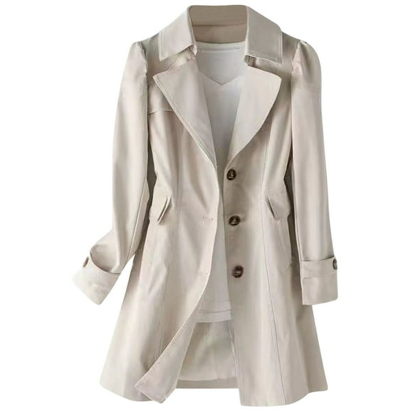 Women's Lapel Button Down Trench Coat Casual Long Sleeve Pockets Jackets Coat Classic Belted Overcoat