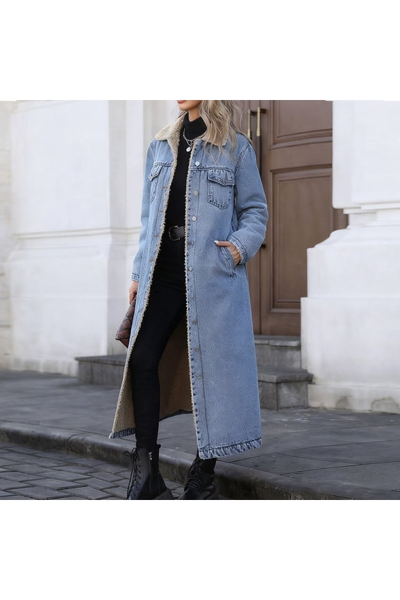 Women's Lapel Button Up Sherpa Fleece Lined Long Overcoat Denim Jacket