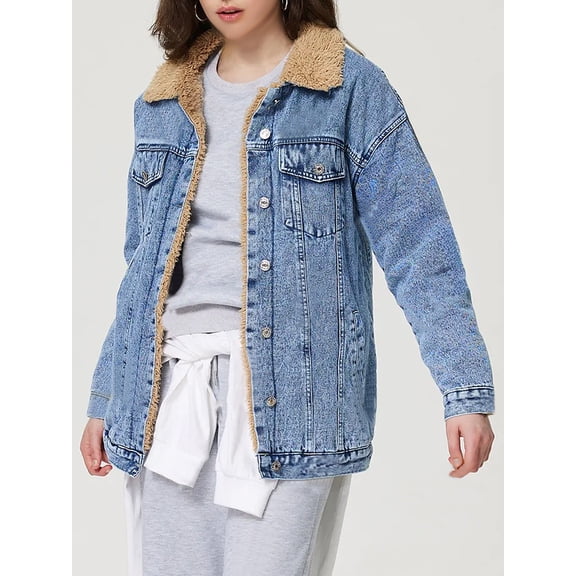 Women's Lapel Button Up Sherpa Fleece Lined Overcoat Denim Jacket