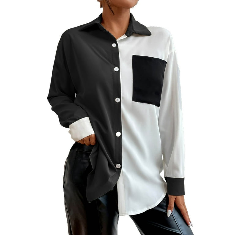 Sexy Color Block Contrast Turndown Collar Tops Sexy Color Block Contrast Turndown Collar Tops