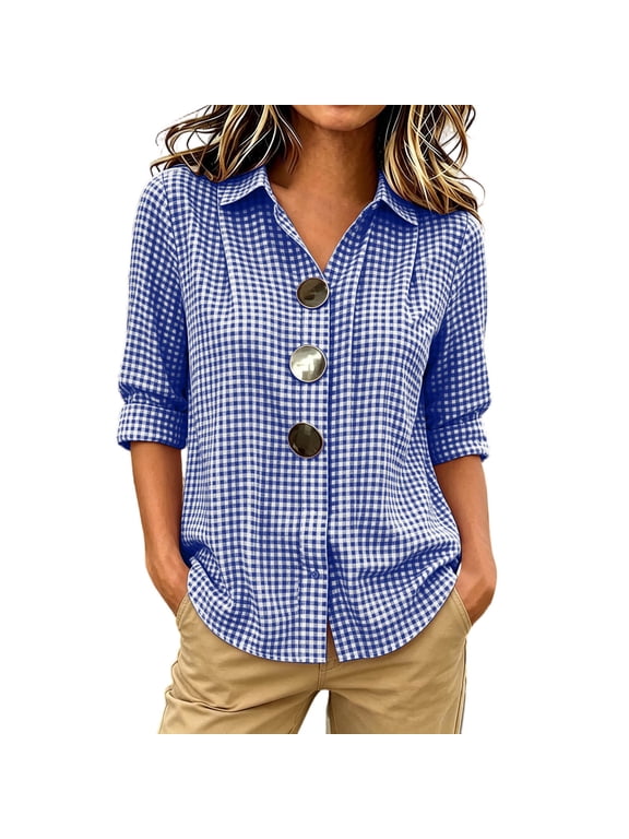 Women's Lapel Collar Long Sleeve Plaid Shirt with Hidden Placket, Loose Fit Casual Button Down Top, Classic Commuting Blouse for Spring, Fall, and Everyday Wear