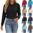thumbnail image 1 of Women's Lapel Collar Long Sleeve Polo Shirt,Chest Pocket Soft Casual Work Top,Black,Women's Plus Size L, 1 of 7