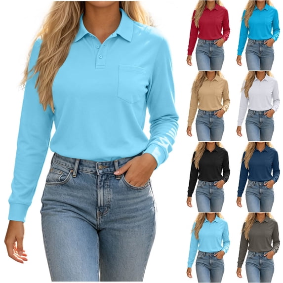 Women's Lapel Collar Long Sleeve Polo Shirt,Chest Pocket Soft Casual Work Top,Light Blue,Women's Plus Size XXXL