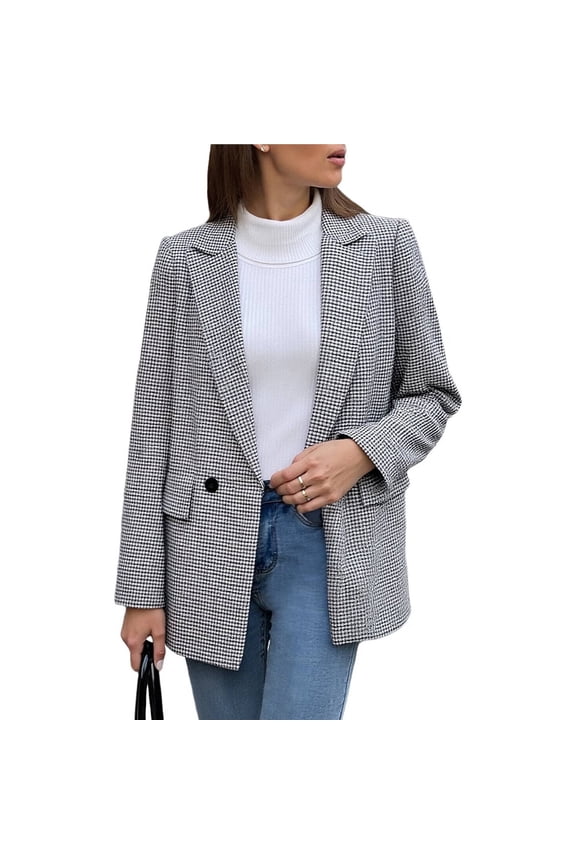 Women's Lapel Collar Plaid 2 Button Boyfriend Blazer Suit Houndstooth Work Office Blazer Jacket Black L