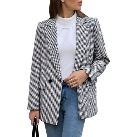 Women's Lapel Collar Plaid 2 Button Boyfriend Blazer Suit Houndstooth Work Office Blazer Jacket