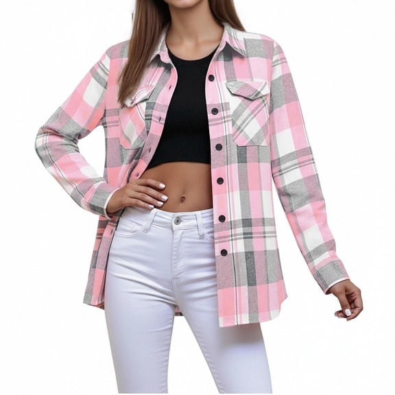 Women’s Lapel Collar Plaid Shirt, Button up Fall Loose Blouses, Long Sleeves Casual Tops