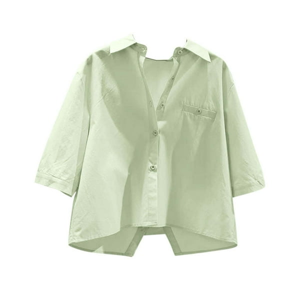 Women’s Lapel Collar Shirt Half Sleeve Button down Blouses Summer Lightweight Tops with Pockets ,Green,S