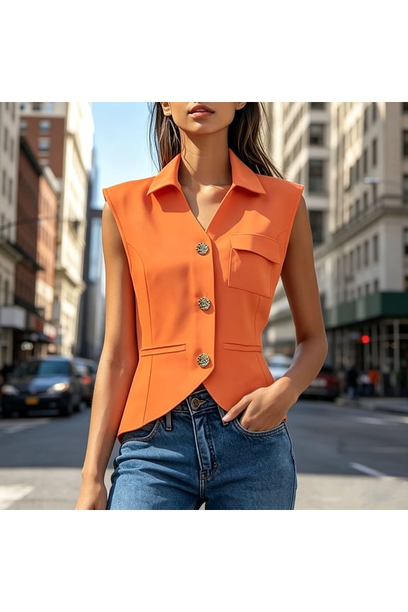 Women's Lapel Collar Sleeveless Vest Front Button Chest Pocket Cinched Waist Casual Layering Waistcoat S-3XL Orange