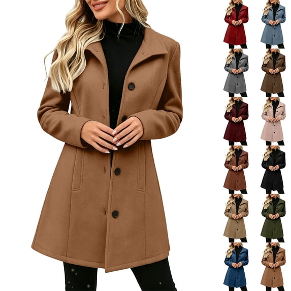 Women's Lapel Collar Wool Blend Coat Mid Length Single鈥態reasted Button Down Trench Jacket with Pockets Business Casual Winter Outerwear Wine