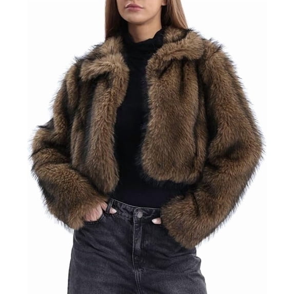 Women's Lapel Cropped Faux Fur Jacket Long Sleeve Short Furry Coat with Pockets 100% Polyester Warm Fluffy Winter Outerwear