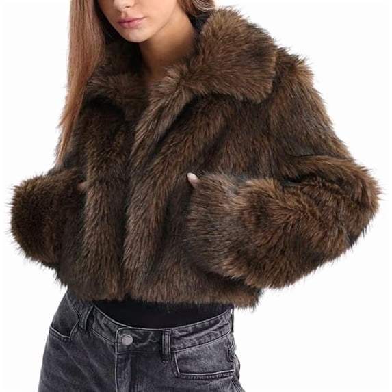 Women's Lapel Cropped Faux Fur Jacket Long Sleeve Short Furry Coat with Pockets 100% Polyester Warm Fluffy Winter Outerwear