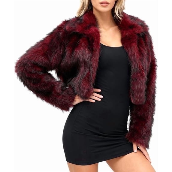 Women's Lapel Cropped Faux Fur Jacket Long Sleeve Short Furry Coat with Pockets 100% Polyester Warm Fluffy Winter Outerwear