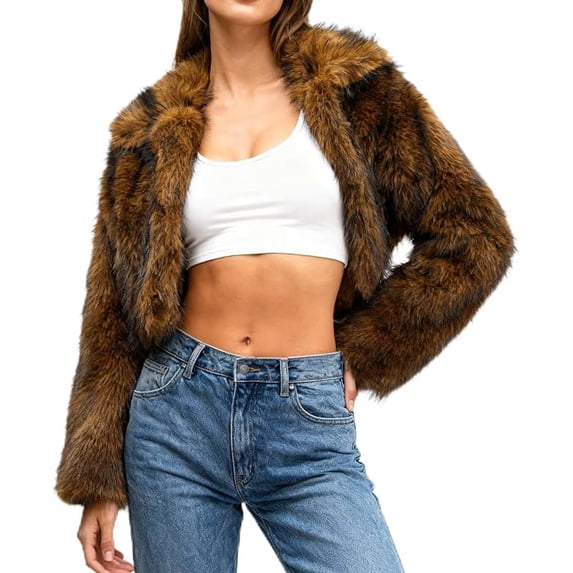 Women's Lapel Cropped Faux Fur Jacket Long Sleeve Short Furry Coat with Pockets 100% Polyester Warm Fluffy Winter Outerwear
