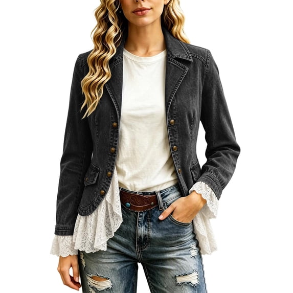 Women’s Lapel Denim Jacket Vintage Button Front Casual Coat Lace Ruffle Hem Boho Long Sleeve Jean Outerwear for Daily Wear Black