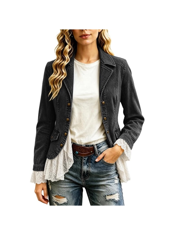 Women’s Lapel Denim Jacket Vintage Button Front Casual Coat Lace Ruffle Hem Boho Long Sleeve Jean Outerwear for Daily Wear Black