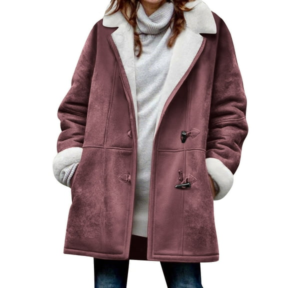 Women’s Lapel Fleece Jackets Winter Button Solid Color Coat, Long Sleeves Warm Pocket Tops