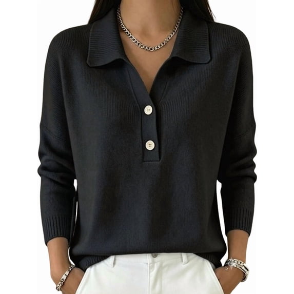 Women's Lapel Half Button Long Sleeve Knit Pullover Top Black S