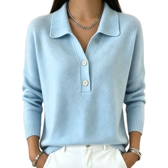 Women's Lapel Half Button Long Sleeve Knit Pullover Top Light Blue M