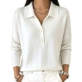 thumbnail image 1 of Women's Lapel Half Button Long Sleeve Knit Pullover Top White S, 1 of 7