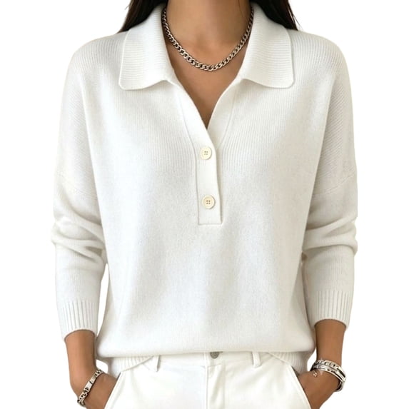 Women's Lapel Half Button Long Sleeve Knit Pullover Top White S
