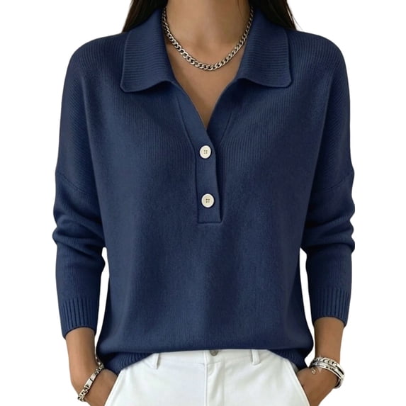 Women's Lapel Half Button Long Sleeve Knit Pullover Top XXXL