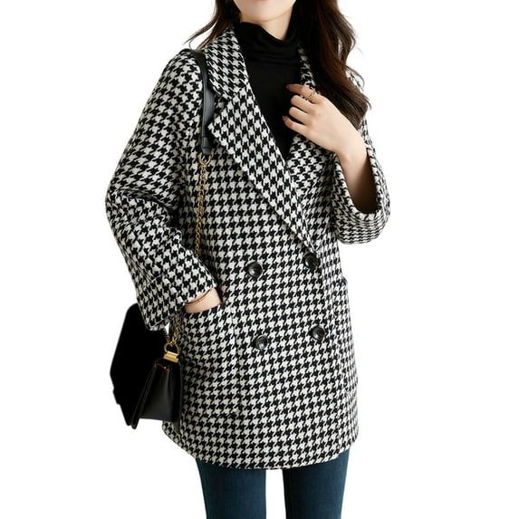 Women's Lapel Jacket Houndstooth Tweed Blazer Coat Vintage Long Sleeve Medium Length Coat for Autumn Winter Daily Wear Work