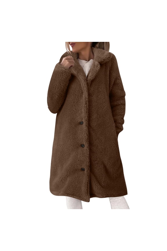 Women's Lapel Jacket Solid Color Long Coat Warm Button Pocket Outerwear Casual Winter Fashion
