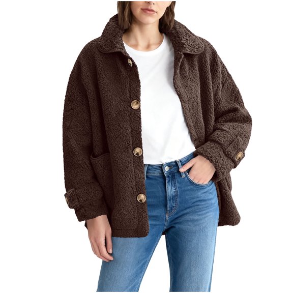 Women's Lapel Lamb Wool Jacket - Winter Warm Style with Pockets & Button Loop, Comfortable Outerwear Top for Cold Weather Brown XXL