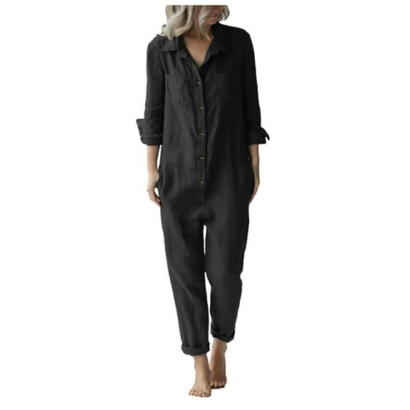 Women's Lapel Long Sleeve Button Jumpsuit - Solid Color, Pockets, Loose Fit, Casual Fashion