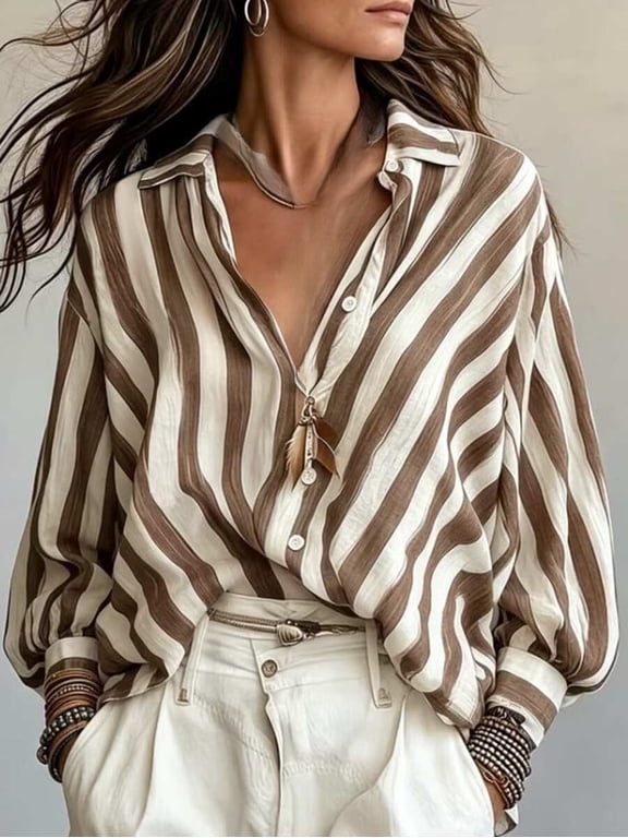 Women's Lapel Long Sleeve Loose Fit Shirt Relaxed Vintage Blouse for Vacation & Commute