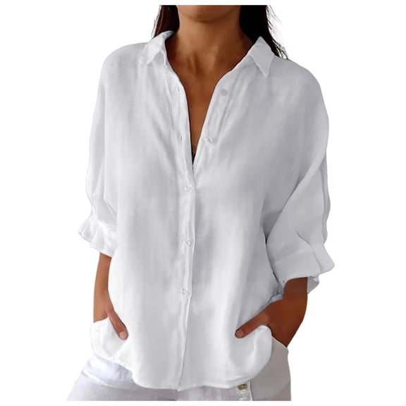 Women's Lapel Long Sleeve Shirts Cotton Linen Button Down Relaxed Loose Blouse Solid Casual Summer Beach Cover Up