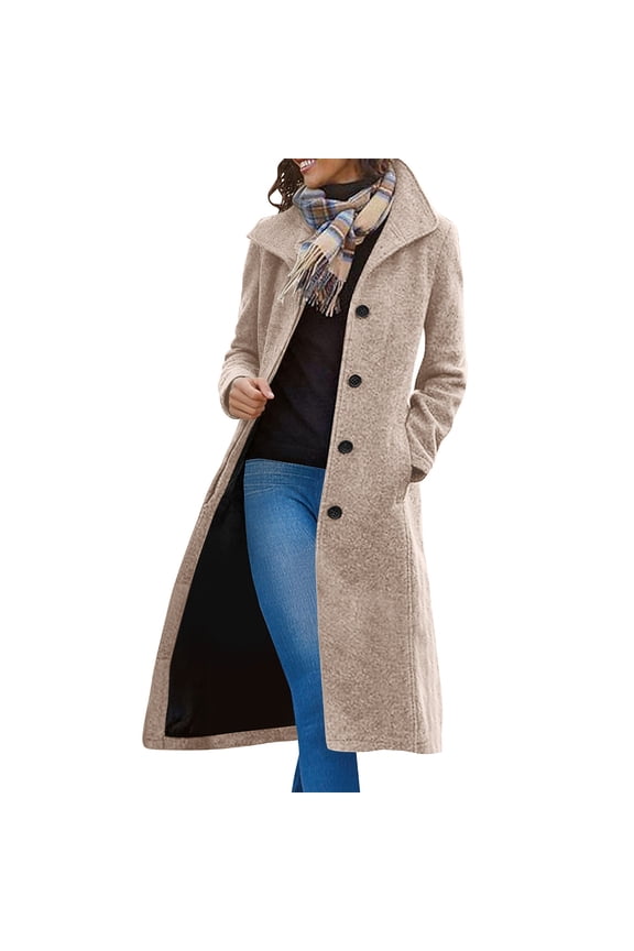 Women's Lapel Long Trench Coat Casual Single Breasted Wool Blend Pea Coat Fall Winter Lightweight Overcoat Elegant Outerwear with Pockets