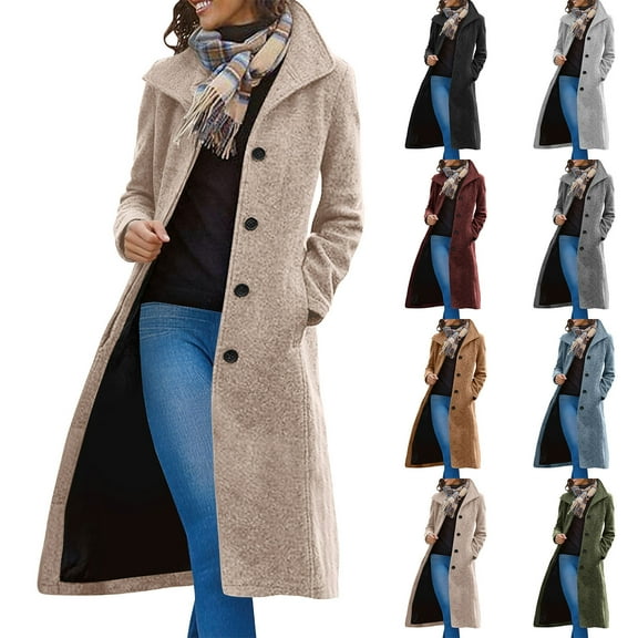 Women's Lapel Long Trench Coat Casual Single Breasted Wool Blend Pea Coat Fall Winter Lightweight Overcoat Elegant Outerwear with Pockets