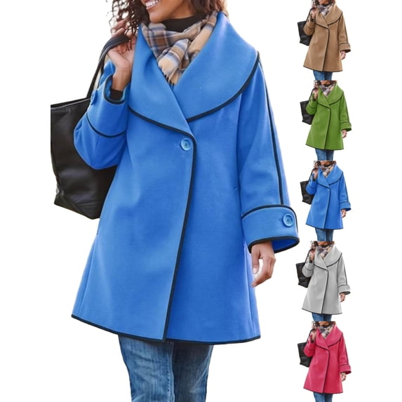 Women's Lapel Pea Coats Long Sleeve Button Down Casual Work Fall Winter Loose Woolen Coats