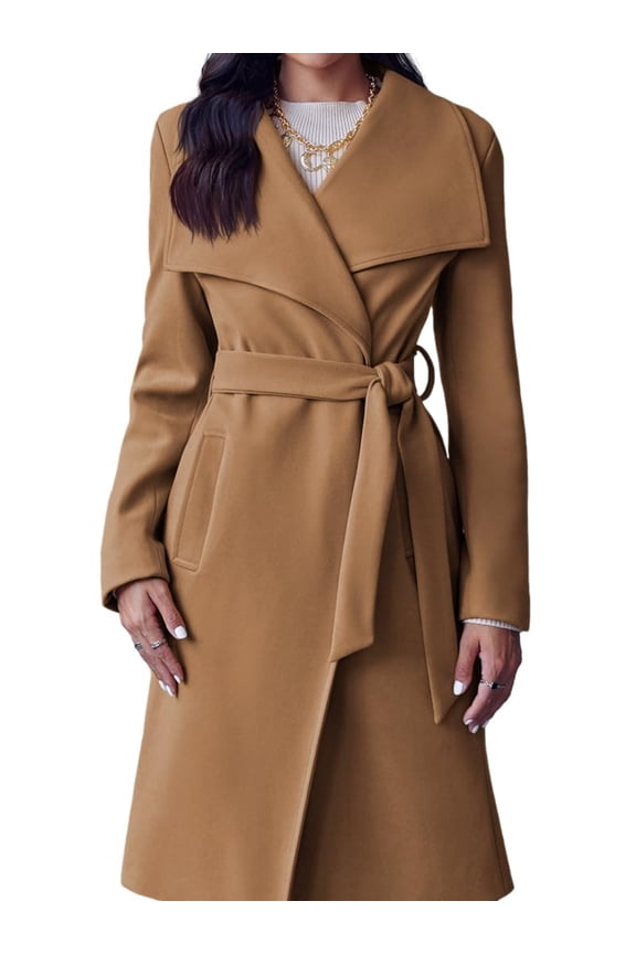 Women's Lapel Pea Trench Coat Long Jacket Open Front Belted Overcoat with Belt