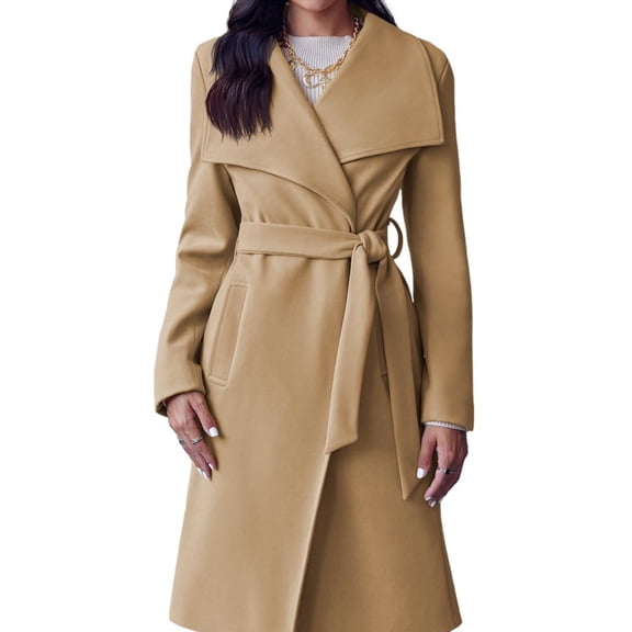 Women's Lapel Pea Trench Coat Long Jacket Open Front Belted Overcoat with Belt