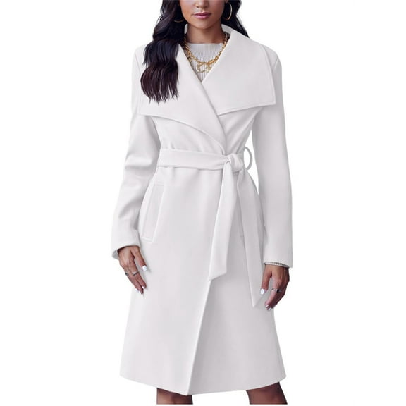 Women's Lapel Pea Trench Coat Long Jacket Open Front Belted Overcoat with Belt