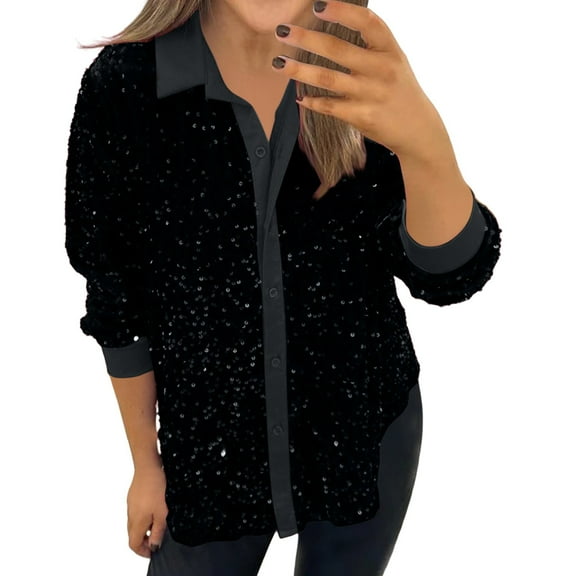 Women's Lapel Single Sparkly Shirt Sequin Button Front Shirt Long Sleeve Glitter Sequin Blouse Tops
