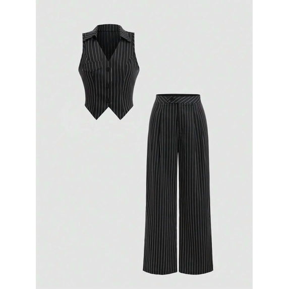 Women's Lapel Sleeveless Vest & High Waist Wide Leg Pants Casual 2 Piece Outfit Set