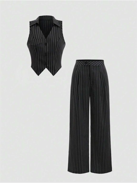 Women's Lapel Sleeveless Vest & High Waist Wide Leg Pants Casual 2 Piece Outfit Set
