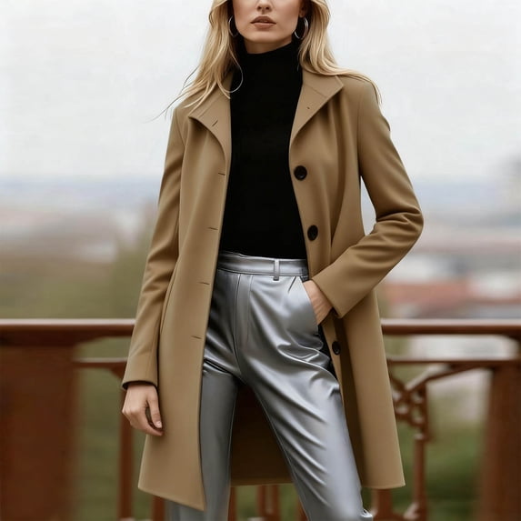 Women's Lapel Wool Blend Coat Mid-Length Slim Double-Breasted Tailored Overcoat for Office Professional Business Meetings and Evening Dinners - Classic Winter Outerwear