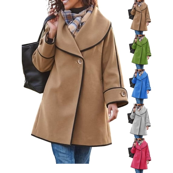 Women's Lapel Wool Blend Pea Coats Long Sleeve Button Down Casual Work Fall Winter Loose Woolen Coats