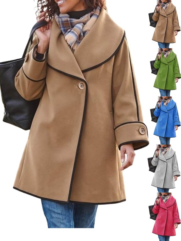 Women's Lapel Wool Blend Pea Coats Long Sleeve Button Down Casual Work Fall Winter Loose Woolen Coats