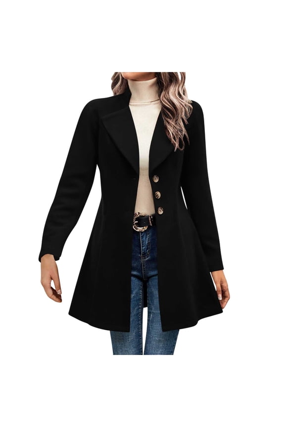 Women's Lapel Wool Blend Wrap Coat Long Sleeve Button Down Cotton Jackets Casual Cotton Lightweight Tunic Tops Outwear (L, Black)