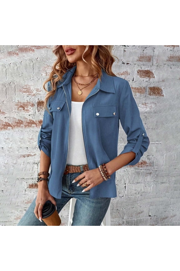 Women's Lapel Zipper Cardigan Pouch Hat Solid Color Long Sleeve Jacket Sweaters for Women Junior Zip up Jean Jacket Women Cute Casual Jackets for Women Jackets Dress for Women Womens Jackets Fall