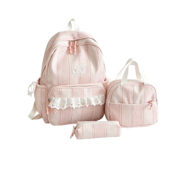 Women's Laptop Backpack Set 15.6 Inch, Cute Pink Striped School Bag with Lunch Box & Pencil Case, Waterproof Oxford Cloth Daypack with Lace Trim, Large Capacity Bookbag for Teens Students College