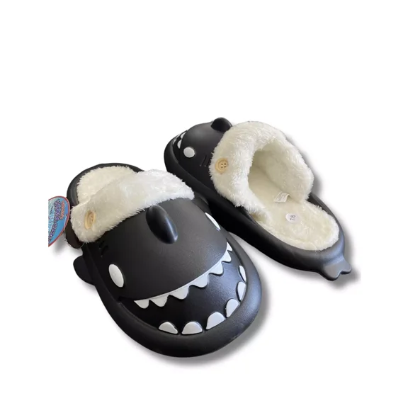 Women's Large, Black Shark Slides with Fur Lining - Cozy Plush, Cute Slip-On Slippers xmas
