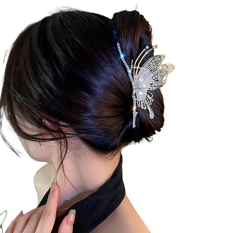Women's Large Butterfly Hair Clip - Sparkling Rhinestone Hair Clip, Elegant Ponytail Clip, Suitable for Braided Hair, Bun, and Updo Styles