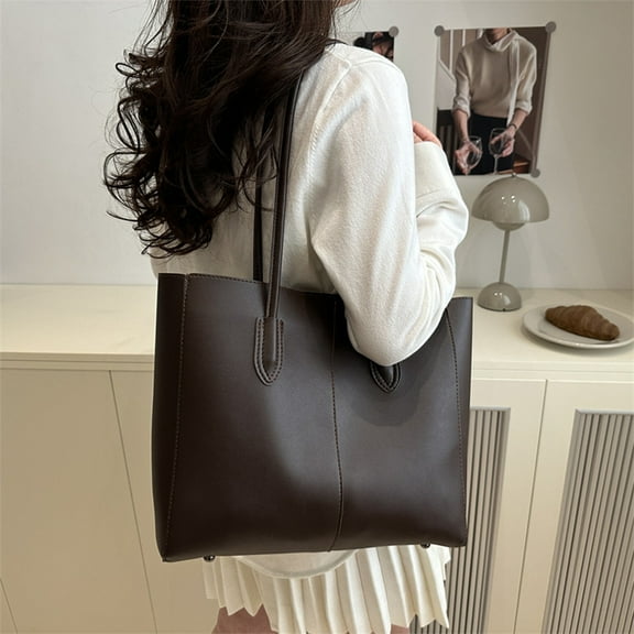 Women's Large Capacity PU Shoulder Bag, Casual Tote for Work Travel & Shopping, Stylish Design in Red Black Coffee Brown