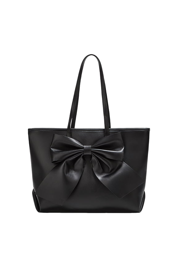 Women's Large Capacity Tote Bag Bow Knot Pu Leather Lightweight Shoulder Bags Top Handle Handbags Purse Black